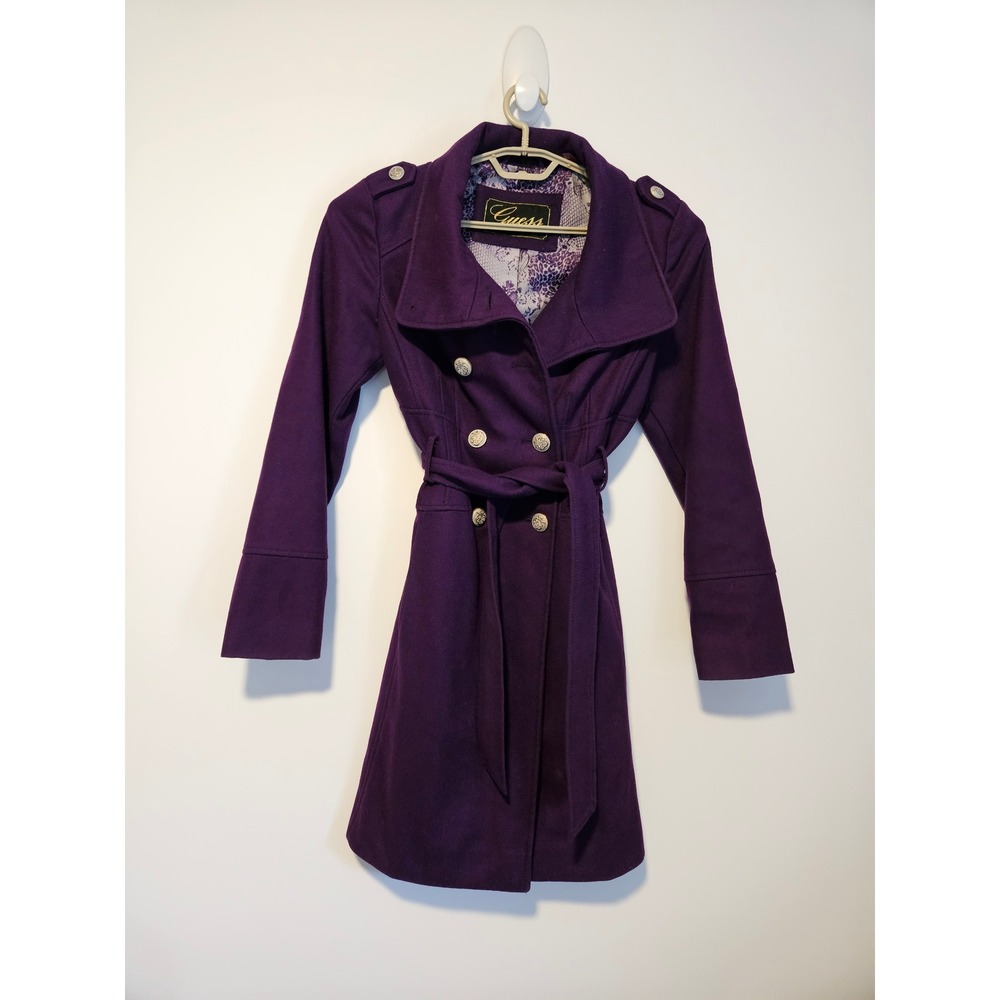 Vintage Guess Double Breasted Trench Coat Small Purple Jacket Belted Y2K Wool